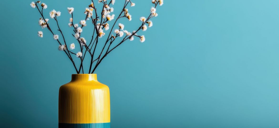 A vibrant yellow and blue vase holds white flowers, set against a teal blue background. The contrast and lighting create an artistic and captivating scene.