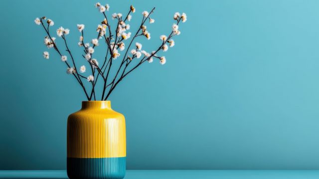 A vibrant yellow and blue vase holds white flowers, set against a teal blue background. The contrast and lighting create an artistic and captivating scene.